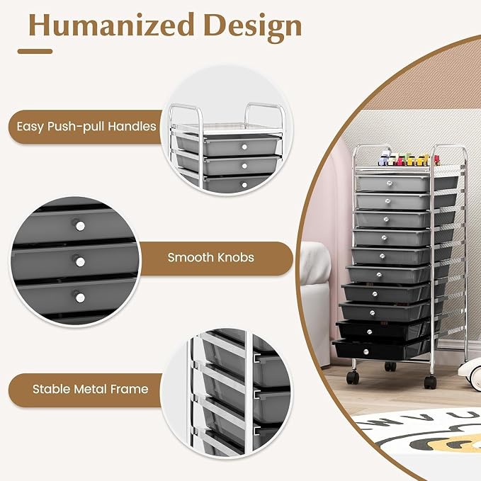 LDAILY 10-Drawer Rolling Storage Cart, Rolling Storage Cart, Storage Organizer on Wheels, Metal Frame, Scrapbook Paper Tools, Suitable for Office School, Classroom (Gradient Grey, 10 Drawer)