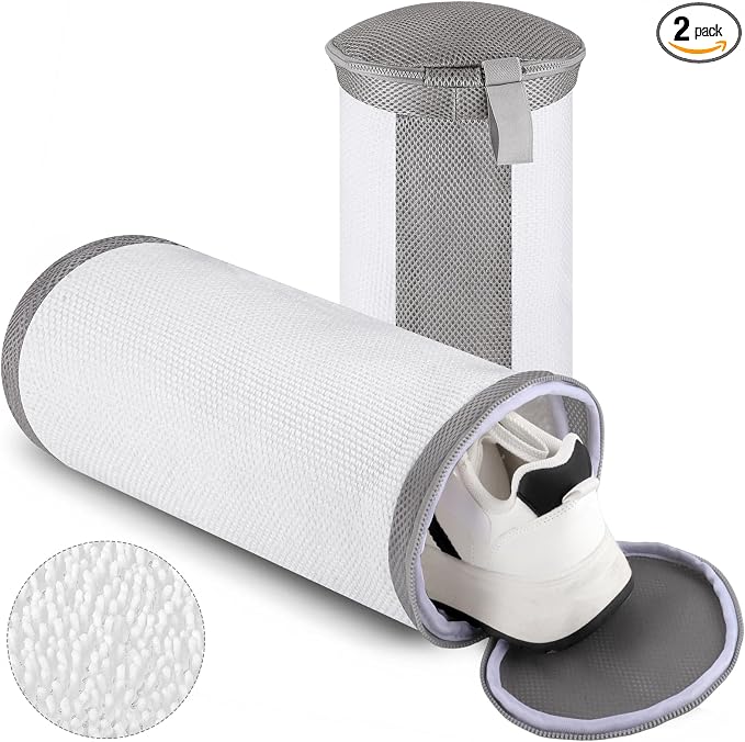 Dntorx 2 PCS Shoe Washing Machine Bags for Washer and Dryer, White + Grey | Reusable Laundry Shoe Bag, Hands Free, Hidden Self-locking Zipper, 360° Deep Cleaning, For Sneakers and All Shoes Types