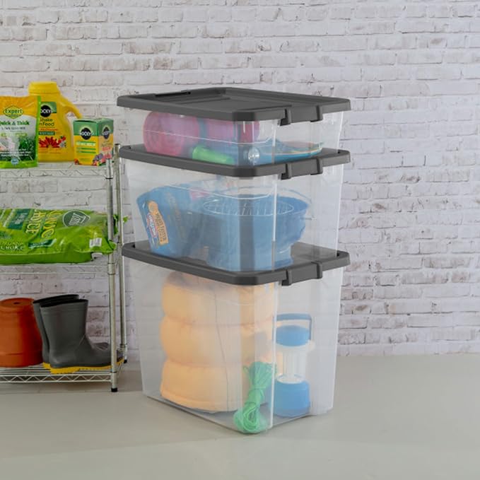 Sterilite 12-Pack Modular Stacker Box, Durable Clear Plastic Storage Bins with Latching Lids, 40 Quart - Stackable Organizing Container Boxes for Closet, Bathroom, and Office