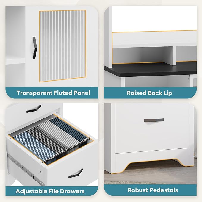 Bestier 77.8" H Computer Desk with Hutch, Charging Station, LED Light,White | Modern Wood Executive Desk with Drawers, Fluted Storage Cabinet, Keyboard Tray, 59" W Office Desk for Home Office