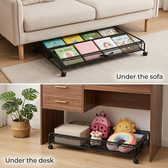Goaste Under Bed Shoe Storage Organizer with Wheels, Rolling Underbed Storage Containers, Metal Shoe Rack Drawer Space Saving for Bedroom Organization, Shoes, Toys (Black)