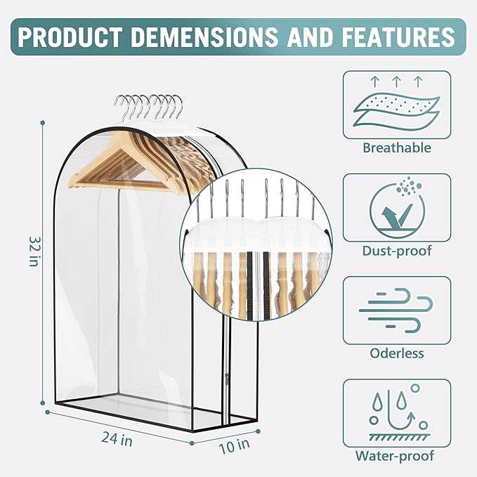 Liuoud Clear Garment Bag for Hanging Clothes 10” Gusseted, 32” Suit Bags for Open Closet Storage Plastic Clothes Cover for Coat, Dress, Shirts, Fur, Jacket, Wardrobe Protectors, 6 Pack