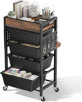 5 Tier Rolling Cart with Drawers, Plastic Drawer Storage Craft Cart with Pegboards & Hooks, Metal Utility Cart with Wheels & Wooden Tabletop, Classroom Office Art Supply Organizers and Storage, Black