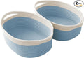 JMvicyroam Woven Basket,Small Rope Storage Bin with Handles & Ribbon Bag, Organizer for Shelves Closets,Gift Basket Empty for Birthday,Books,Dog Toys, White&Blue/2 Pack