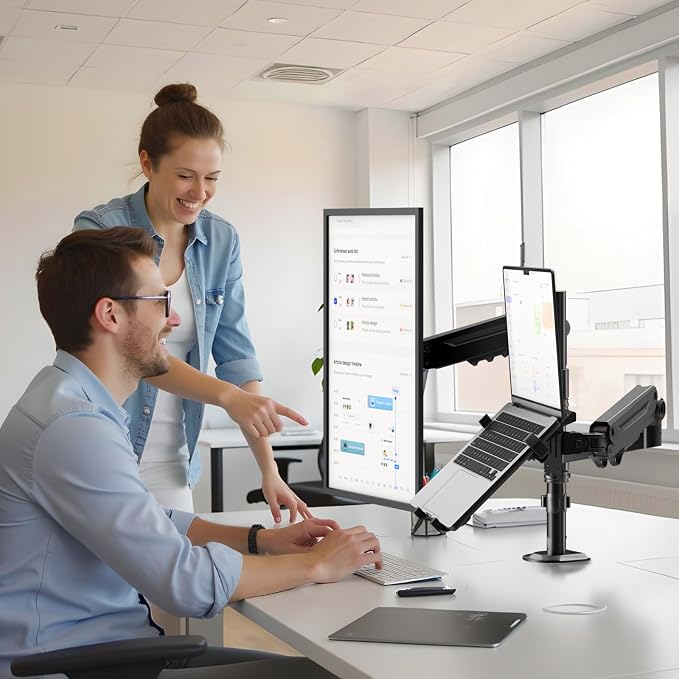 PUTORSEN Laptop Arm Mount for 17-35'' Monitors & 12-18'' Notebook | 19.8lbs per Arm, Laptop Monitor Mount with Adjustable Laptop Tray, C-clamp or Grommet Mount,VESA 75/100mm