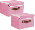 2Pack Storage Bins Boxes with Lids 15"x10"x10" Decorative Storage Baskets | Cotton Linen Fabric, Collapsible, Faux Leather Handles, Storage Cubes, Closet Shelf Clothes Organizer Container, Pink