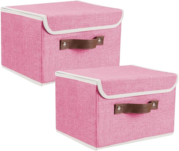 2Pack Storage Bins Boxes with Lids 10" x 8" x 7" Decorative Storage Baskets | Cotton Linen Fabric, Collapsible, Faux Leather Handles, Storage Cubes, Closet Shelf Clothes Organizer Container, Pink
