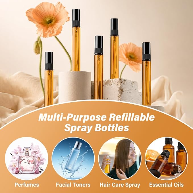 21 Packs Mini Glass Spray Bottles, 10ml Empty Amber Glass Perfume Atomizers | Bulk Refillable Fine Mist Perfume Containers,Travel-size Sample Spray Bottle for Perfume, Essential Oils (Black Caps)