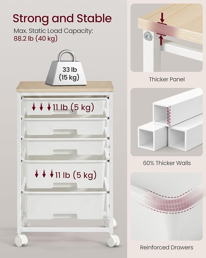 VASAGLE 5-Drawer Rolling Storage Cart, Mobile Organizer Trolley with Wood Top and Metal Frame, for Craft Room, Office, 15.6 x 11.2 x 24.8 inch, White, Benco Collection ULRC005W101