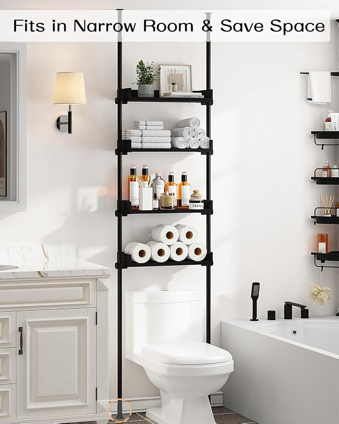 ALLZONE Bathroom Organizer, Over The Toilet Storage, 4-Tier Adjustable Wood Shelves for Small Rooms, Saver Space Rack, Narrow Cabinet, 92 to 116 Inches Tall, Black