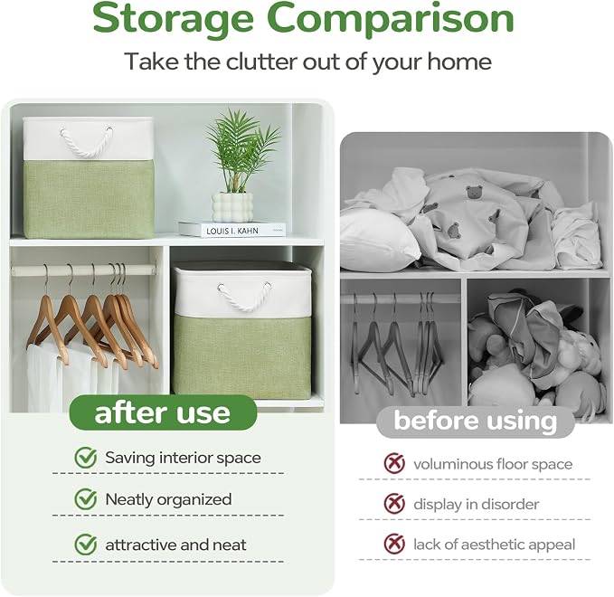 13 x 13 Inch Cube Storage Bins, 6 Pack Fabric Storage Basket with Handles, Foldable Boxes Organizer for Shelf Baskets for Home, Clothes (White/Green)