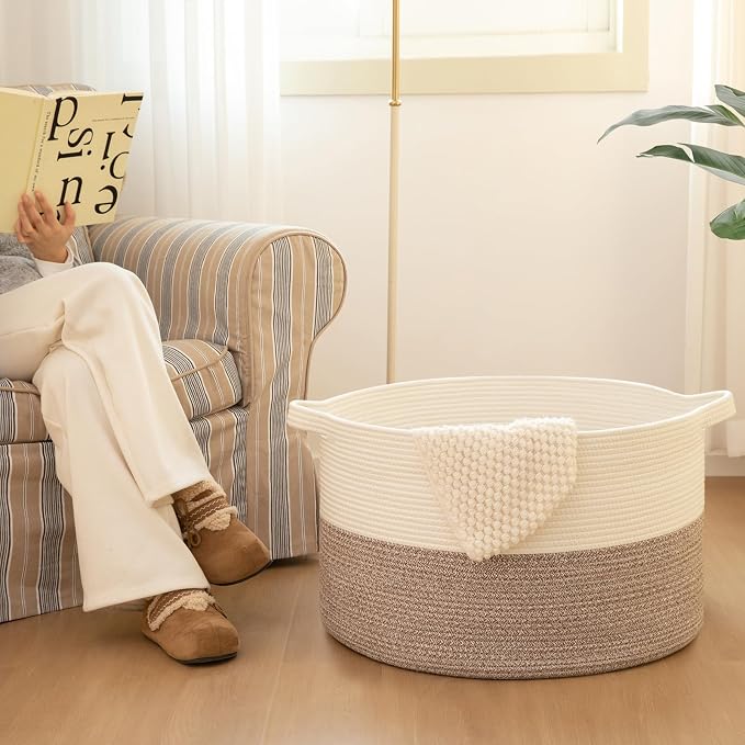 OIAHOMY 90L XXXLarge Blanket Basket for Living Room, 21.7" x 13.8" Woven Cotton Rope Laundry Basket for Organizing Pillows, Decorative Stuffed Animal Toy Storage for Nursery, Black and White