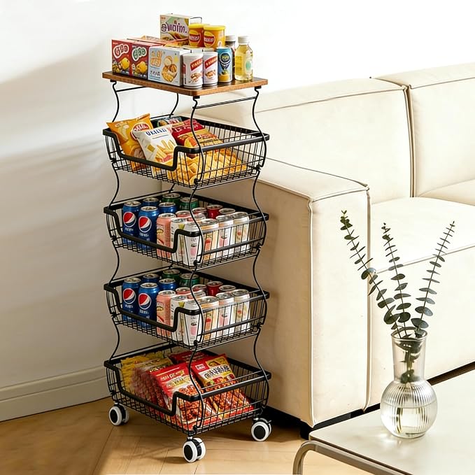 Kitchen Storage Cart on Wheels, 5 Tier Rolling Stackable Pantry Floor Organizer, Kitchen Fruit Basket Stand for Home Removable Metal Vegetable Rack Wire Snack Cart