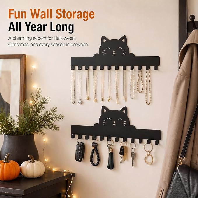 Hicarer 2 Pack Black Cat Necklace Organizer Wall Mount Holder with 24 Hooks Adhesive Metal Jewelry Hanger Cat Lover Gifts for Women Halloween Christmas Home Decor for Earrings Bracelets Rings Keys