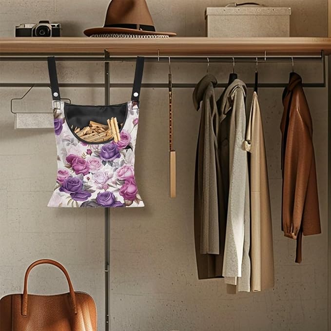 Purple Rose Handy Laundry Clothespin Bag Holds 100 Medium-Sized Clothes Pins, Waterproof Polyester Material, 2 Ropes for Hanging and Effortlessly Sliding on Clothesline