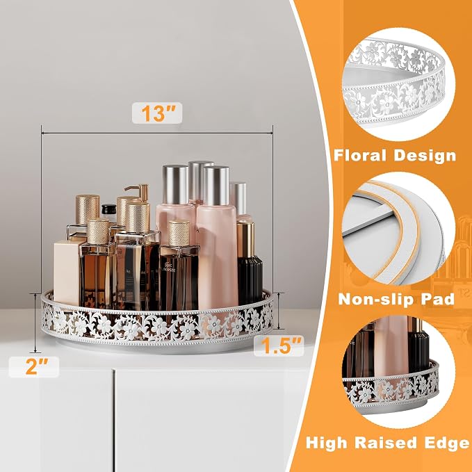 Lazy Susan Turntable Organizer, 13 inch, White | 360°Rotating, Large Rotating Spice Rack, For Dining Table Top, Cabinet Countertop Pantry, Kitchen Cupboard Bathroom