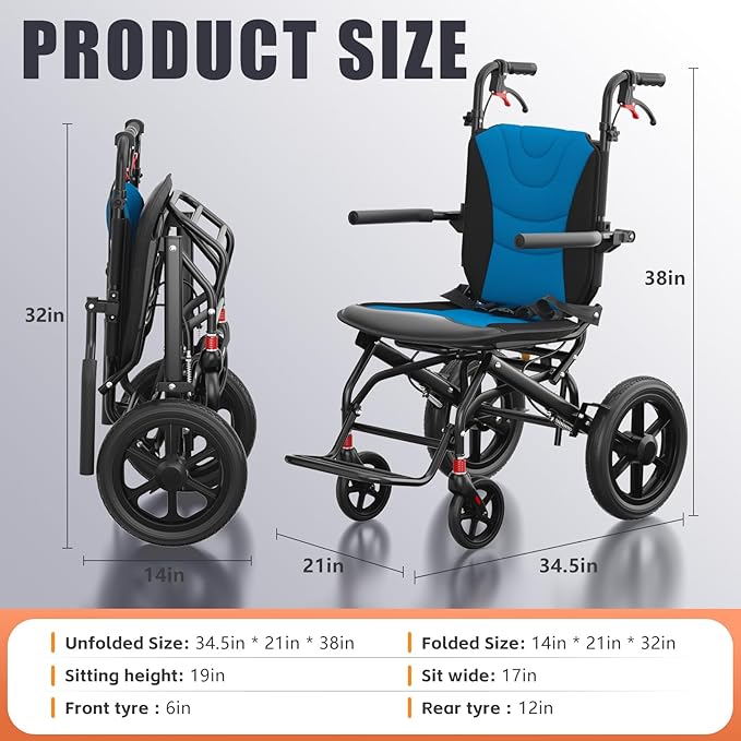 Wheelchairs for Adults Transport Chair Lightweight Foldable with Telescopic Handle, Ergonomic Portable Folding Travel Wheel Chairs for Seniors