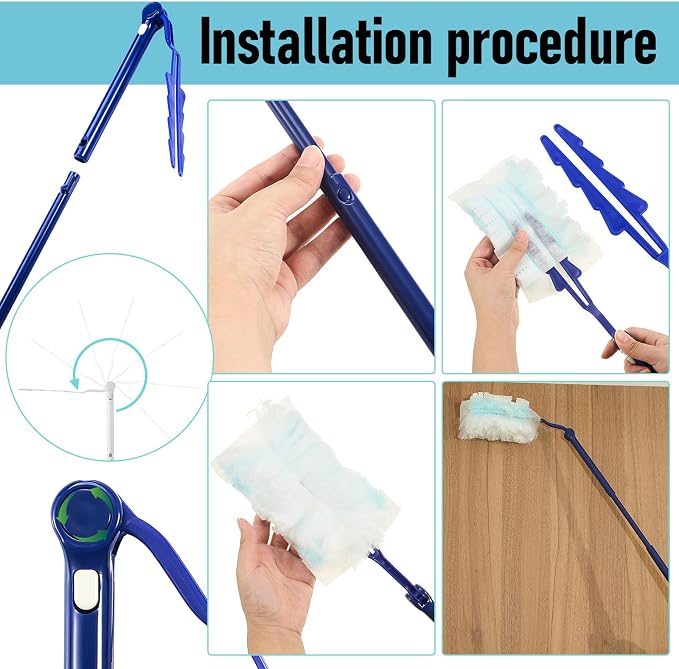 Colingmill 4 Pcs 3 ft Replacement Handles Compatible with Duster Refills, Long Extended Handle Only, Adjustable Length for Ceiling Fans, Blinds, Shelves, Windows, Foldable & Extendable (Blue)