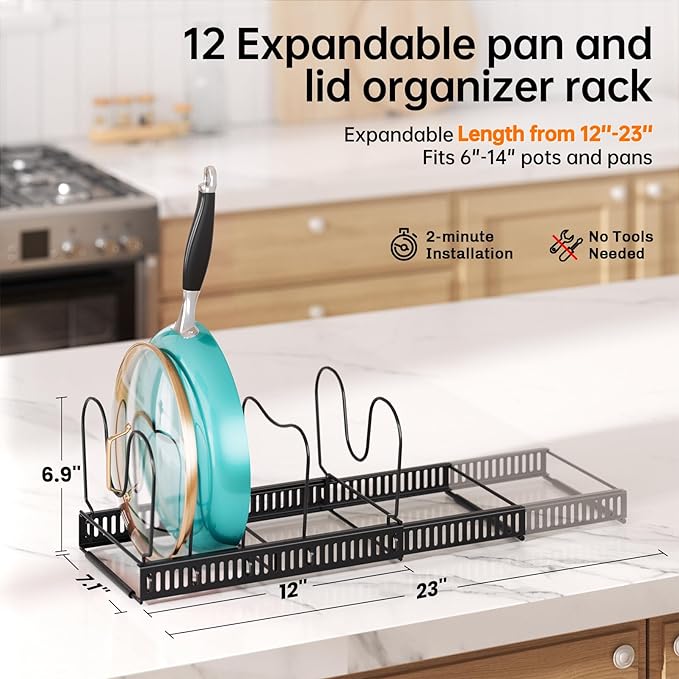 MUDEELA Expandable Pots and Pans Organizer Rack under Cabinet, Pots Lid Organizer Rack for Kitchen Cabinet Organizers and Storage with 12 Adjustable Dividers Cutting Board Holder & Anti-Scratch Strips