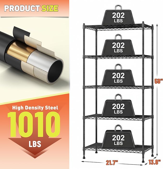 Romorgniz 5-Tier Shelf 1010LBS Storage Shelves Adjustable Wire Shelving,Tool-Free Assembly,Metal Shelving Unit for Kitchen Pantry Closet Laundry Bathroom 59" Hx21.7 Wx13.8 D,Black,2P
