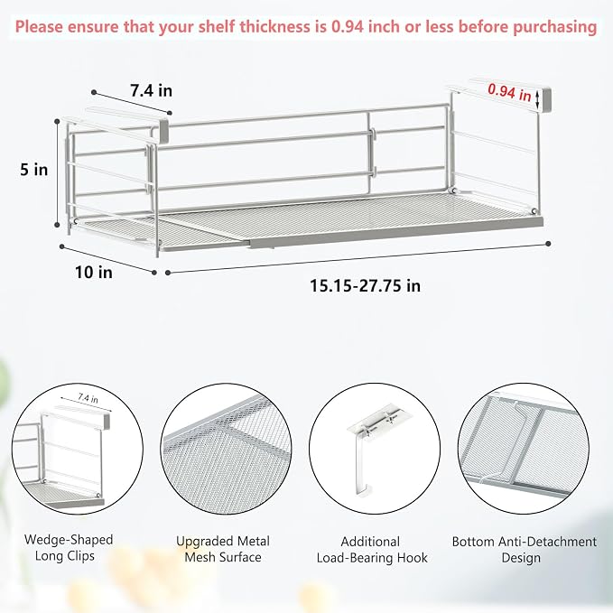 Expandable Under Cabinet Shelf, Extendable Under Shelf Storage with Removable Wire-Like Back for Pantry Cabinet, Laundry Room, Shoe Rack. (White, 1 Pack, Interior: 5" H x 10" D)