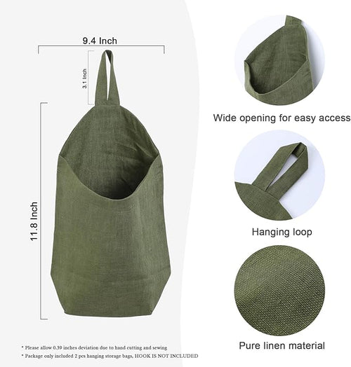 100% Linen Hanging Storage Bags Baskets 2 Pcs, Small Wall Storage Bag for Kitchen, Bedroom, RV Camper Organizer, Sewing Room, Nursery Storage, Kids Room, Army Green