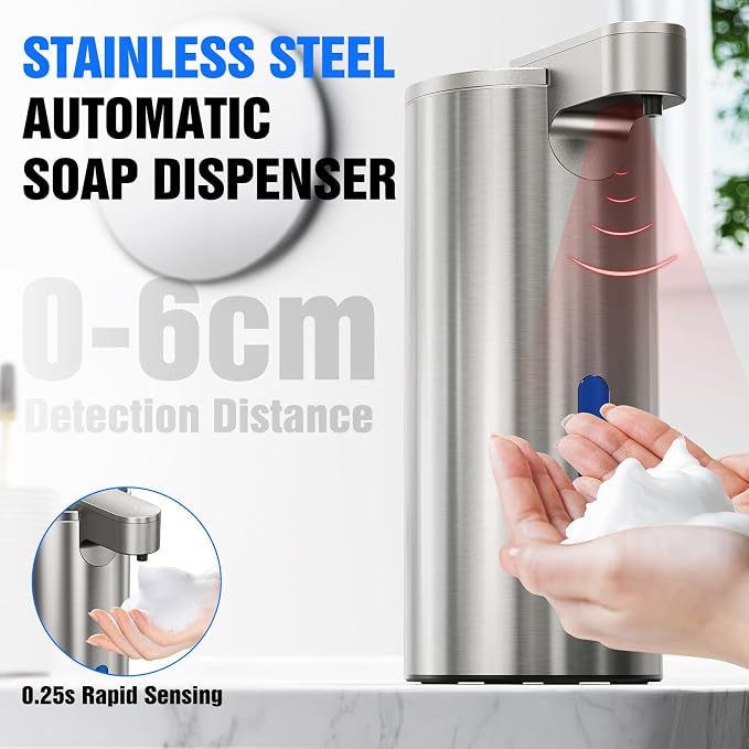 Fantictas Touchless Foaming Soap Dispenser, Stainless Steel Automatic Foam Soap Dispenser, USB-C Rechargeable Sensor Pump with 3 Adjustable Levels, 11.5 oz for Bathroom & Kitchen