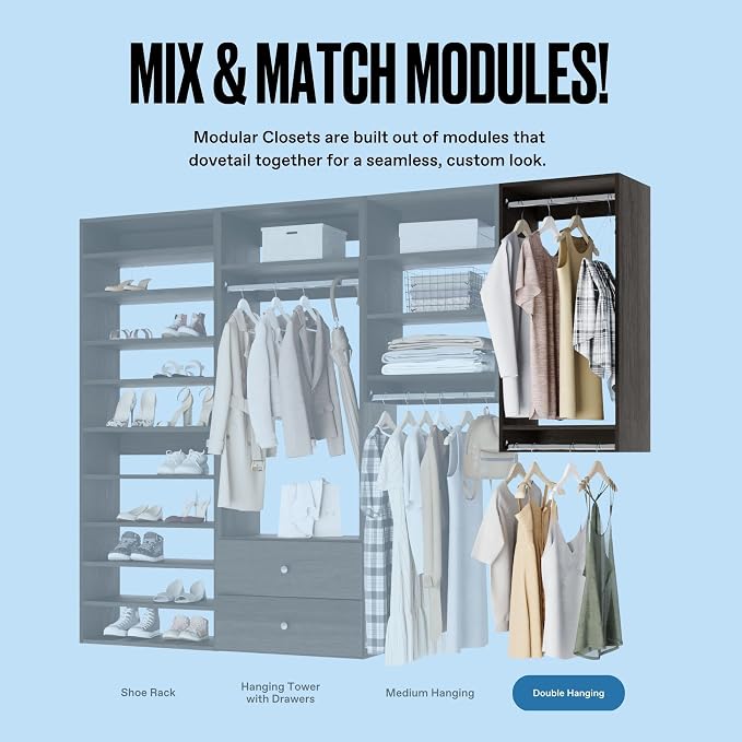 Double Hanging Closet Unit - Modular Corner Closet System - Grey, 19.5 inches Wide - Includes Shelves