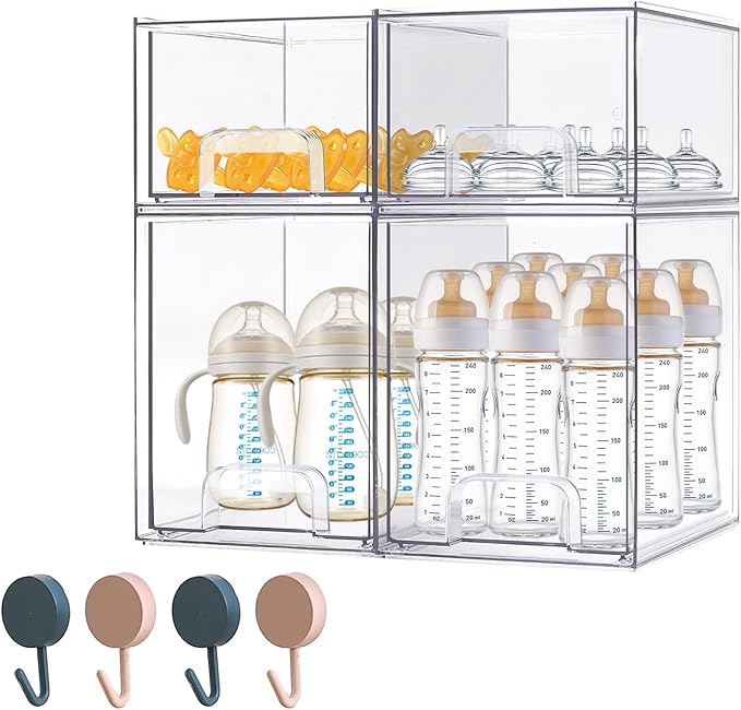 Baby Bottle Organizer with Hooks - 4 Pack Stackable Storage Drawer | Baby Bottle Organizers and Storage, Clear Acrylic Multipurpose Bottle Storage for Countertop