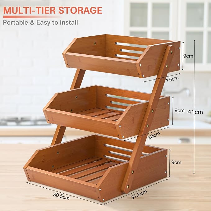 G.a HOMEFAVOR 3-Tier Fruit Basket for Kitchen Counter, Brown, Self-assembly | Bamboo Fruit Bowl, Vegetable Storage and Home Organizer, 15 mm Thickness