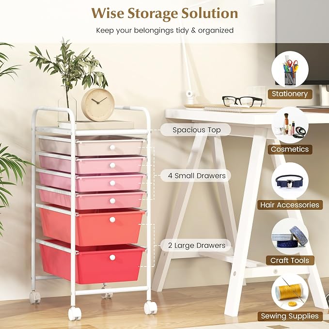 DREAMADE Rolling Cart with Storage Drawers, Utility Cart with Removable Plastic Drawers, Lockable Wheels, Art Cart for Classroom Organization Art Supplies Office Scrapbook (6 Drawers, Mixed-pink)