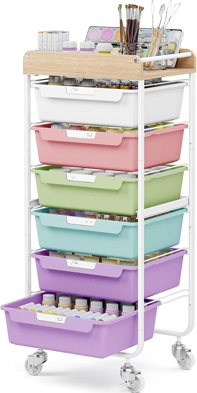 SYKIARIOL Rolling Cart with 6 Drawers, Utility Storage Cart with Labeling Ice Cream Color Drawer for Classroom, Kids Room, Dorm, School, Storage Study Arts Craft Sewing Supplies Organizers