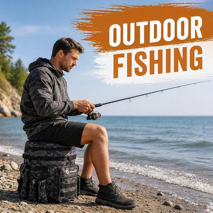 FUNHORUN Fishing Bucket Organizer with 5 Gallon Bucket & Rotating Seat Lid | 360 Swivel Seat Lid, Bucket Backpack with Backpack Straps, Full Water-Resistant & Multi-Pockets (Fishing Tools Not Included)