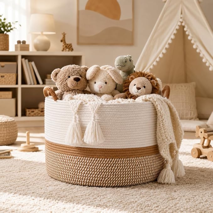 KAKAMAY Large Blanket Basket with Handles, Storage Basket for Living Room | Extra Large Capacity | Natural Cotton Rope | Blanket Storage | Woven Basket | Stuffed Animal Storage | Laundry Basket