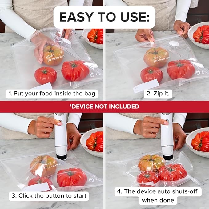 Chef Preserve Reusable Vacuum Sealer Bags for Food - 30 BPA-Free Small (8 x 10 in) Food Storage Bags, Freezer, Microwave - Odor-Resistant, Leak-Proof - Compatible with Chef Preserve Vacuum Sealers