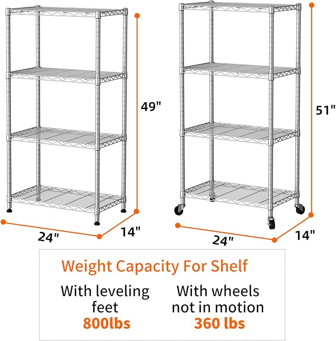 SINGAYE 4 Shelves Storage Wire Shelf Closet Metal Shelving Pantry Wheels | Shelf Bathroom Organizers Metal Kitchen Garage Shelving Unit Laundry Room Organization Home Rack Net Basket with Wheels