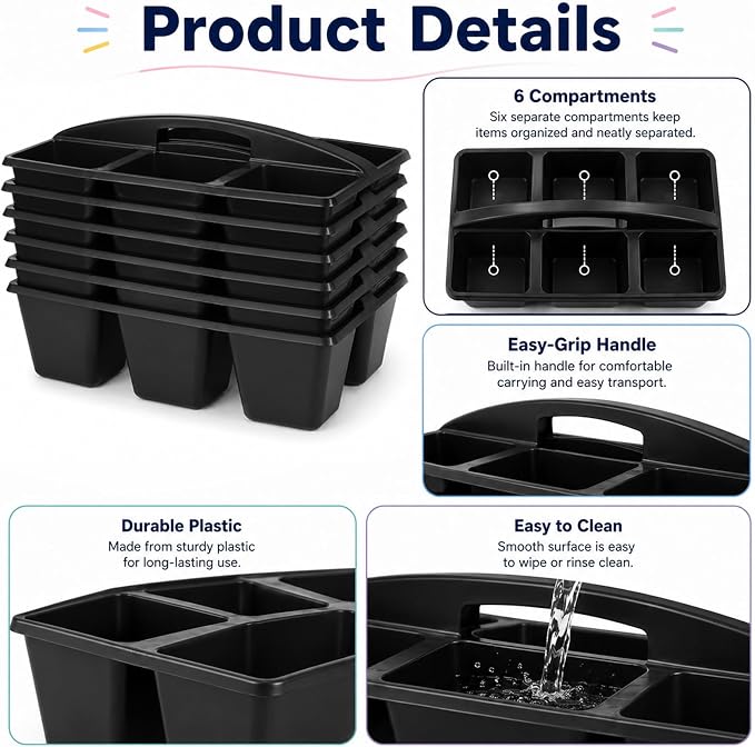 6 Pack Assorted Colors 6 Compartment Classroom Caddy with Handle Portable Plastic Storage Classroom Caddies Organizer for Classrooms Supply Teacher Office Table Desk(Black)