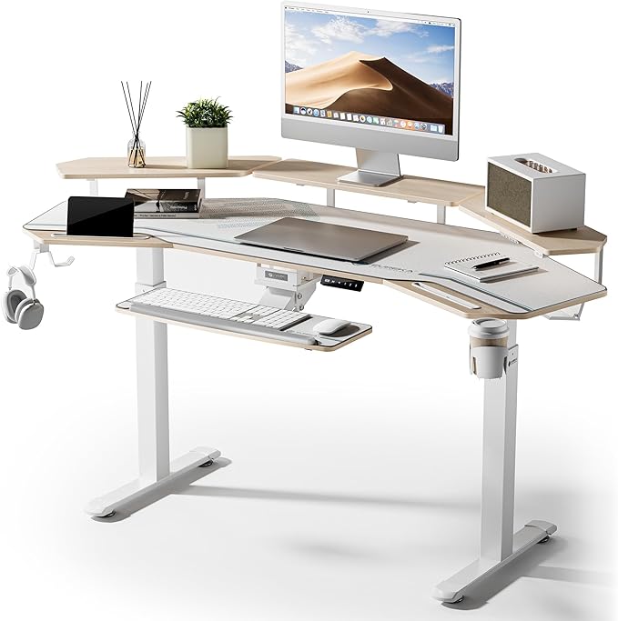 EUREKA ERGONOMIC Standing Desk with Keyboard Tray, Large Music Studio Gaming Desk, Wing Shaped Sit Stand Table 72'', LED Convertible Shelves, Dual Motor&Slot, Maple