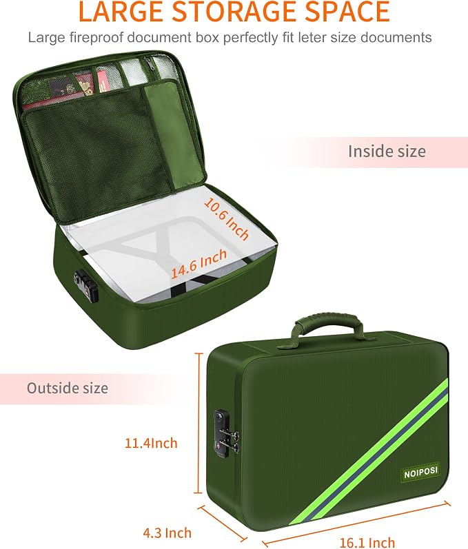 Noiposi 5200℉ Fireproof Document Box with Lock 16.1"x11.4"x4.3" | Portable ,Home ,Travel Water Resistant Document Storage Organizer with for Important Documents and File ,Green