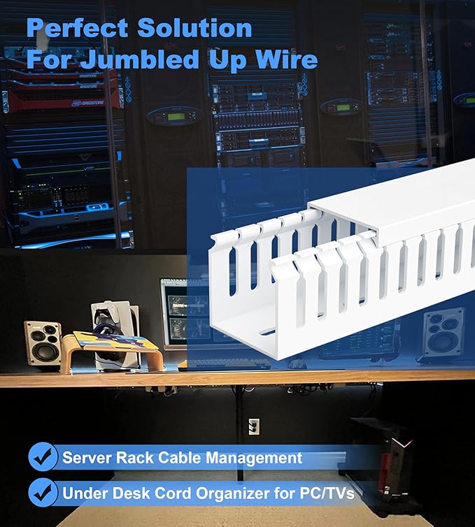 2" H x 2" W Cable Raceway, 66in Under Desk Wire Management Channel, White | Slotted Wire Duct, 4Pack, 16.5in Each, Heavy-Duty PVC Cable Management for Server Racks, Network Cables & Electrical Cabinets