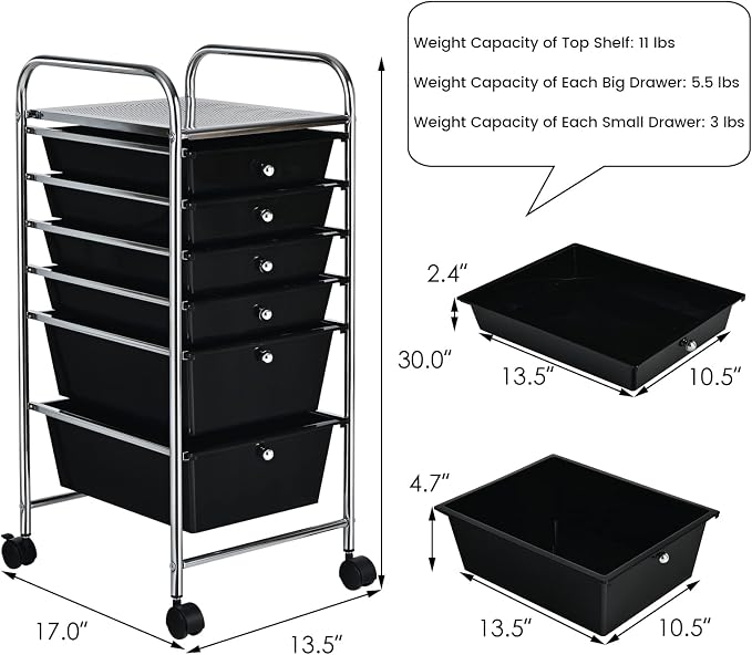 DREAMADE Rolling Cart with Storage Drawers, Utility Cart with Removable Plastic Drawers, Lockable Wheels, Art Cart for Classroom Organization Art Supplies Office Scrapbook (6 Drawers, Black)