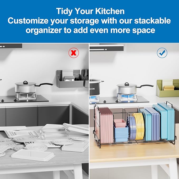 Food Container Lid Organizer, Large Capacity Adjustable 4 Dividers Detachable Lid Organizer Rack for Kitchen Cabinets, Drawers, Plastic Lid Organizer For Pantry Shelves, Cupboards, Black