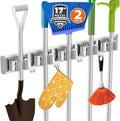 reliahom Broom Holder Wall Mount Mop Hanger Tools organizer 5Racks4Hooks,2P | Adjustable Mop Broom Wall Hanging Heavy Duty Tools Storage Rack Space-saving for Garage,Kitchen,Laundry Room,Garden, Silver