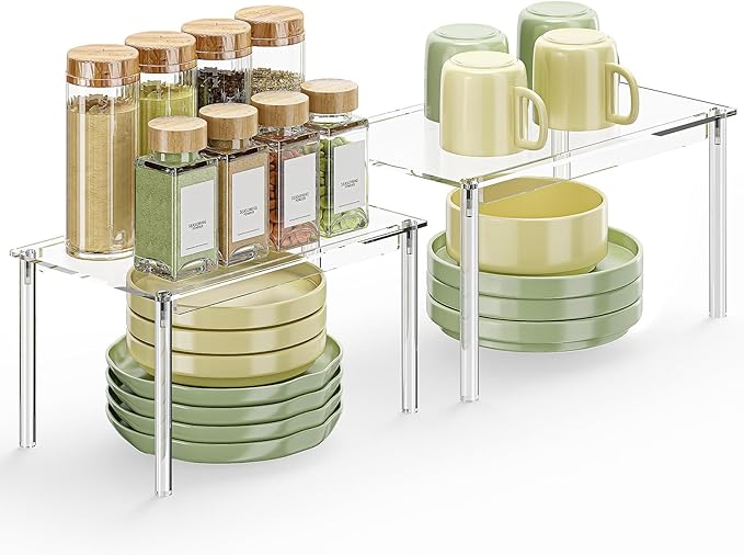 Delamu Clear Kitchen Cabinet Organizer, Set of 2 Acrylic Shelf Organizer for Cupboard Organizers and Storage, Stackable Cabinet Shelf for Plate, Dish, Bowl, Cup & Mug, 11.7" W x 7.7" D x 6.3" H