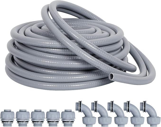 Liquid-Tight Conduit Kit 1/2inch 25ft w/UL Certification | Flexible Non Metallic Liquid Tight Electrical Conduit, Electrical Conduit Kit with 5 Straight, 5 Angle Fittings