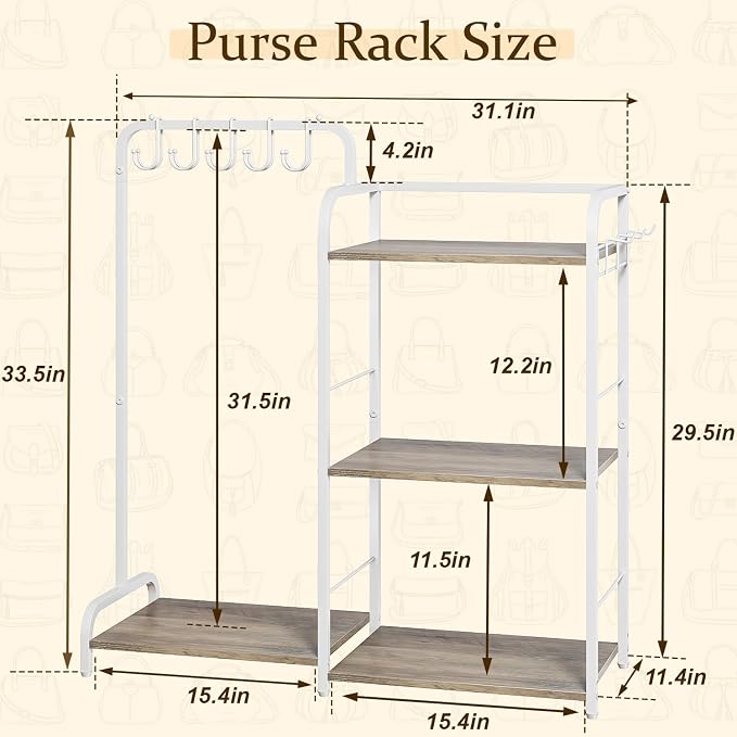 Purse Organizer for Closet, Large Capacity Purse Rack with 2 Purse Hangers and 5 Purse Hooks for Bag Organizer, Freestanding 3-Tier Handbag Organizer for Purse Storage, Ironwood Purse Holder, White