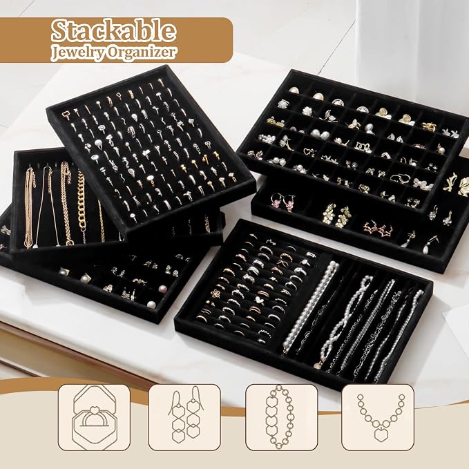 Large Jewelry Organizer for Drawer Insert Velvet Stackable Jewelry Trays for Earring Necklace Bracelet Ring Display (Black, 20 Hooks)