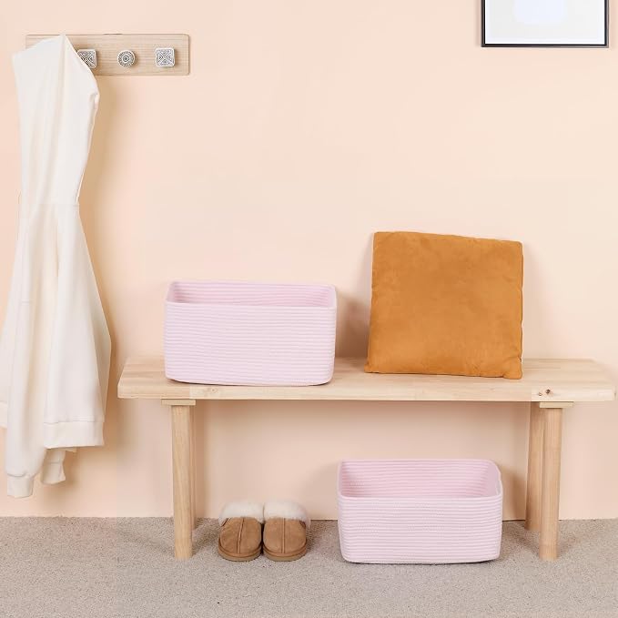 MiniArk Large Storage Baskets for Shelves, 17 x 13 x 7.5” Closet Organizers Bins for Clothes Blanket Towels, Baby Nursery, Toy Baskets Box, Woven Rope Baskets, 2 Packs Light Pink
