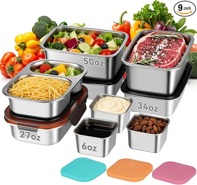 YUANYE 9 Pack 50/34/27/6oz Stainless Steel Salad Bowls with Lids & Dressing Cups, Leakproof Salad Containers Airtight Lunch Box, Small Snack Containers Oven/Dishwsher Safe for Meal Prep & Lunch To Go