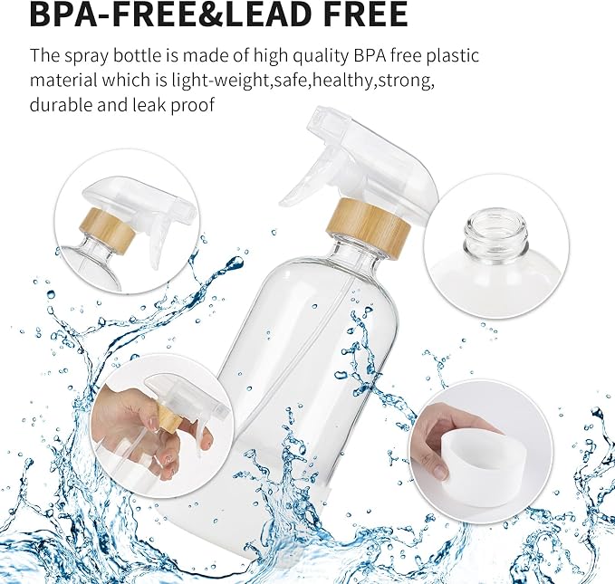 HOMBYS Empty Bamboo Glass Spray Bottles with Silicone Sleeve Protection - Refillable 17 oz Clear Glass Containers for Cleaning Solutions, Essential Oils, Misting Plants - Quality Sprayer - 1 PCS